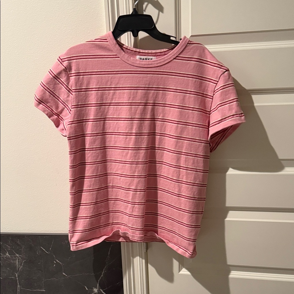 Parke Pink Tee with Red Stripes